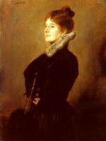 Franz von Lenbach - Portrait Of A Lady Wearing A Black Coat With Fur Collar